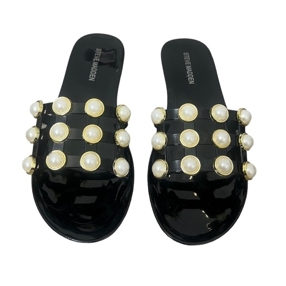 Steve Madden Black Jelly Slide Sandals With Pearl Accents - Size 41 - Picture 2 of 13